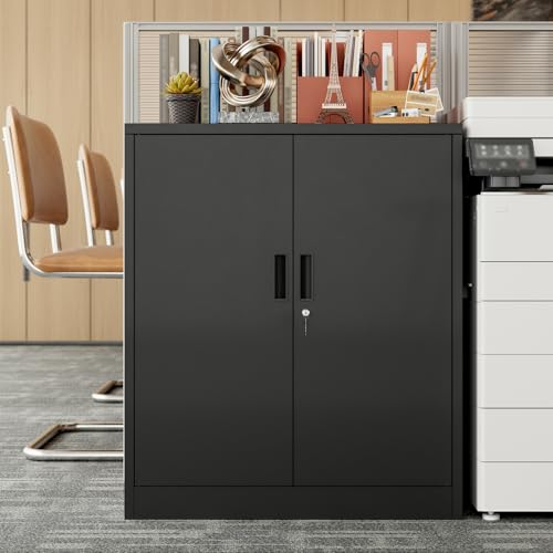 BESFUR Metal Garage Storage Cabinet with 2 Locking Doors and 2 Adjustable Shelves, 36" Black Metal Short Storage Cabinet for Home Office,Garage,School,Utility Room - color: Black, size: 36"H x 31.5"W x 15.8"D