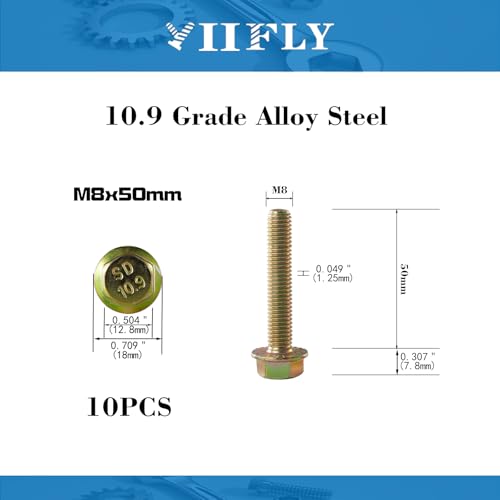 M8 x 50mm Flanged Hex Head Bolts, M8x1.25 Pitch, Grade 10.9 Alloy Steel, Color Zinc Plated, Full Thread, 10 Pack - size: M8 x 50mm(10PCS)