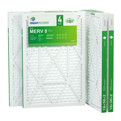 16x30x2 Air Filter TRIGHTFILTERS, Durable MERV 8 Pleated Home HVAC AC Furnace Heater Filters Replacement, Lightweight Compact Air Conditioner Filters 4 Pack - size: 29.6" x 15.6" x 1.8"