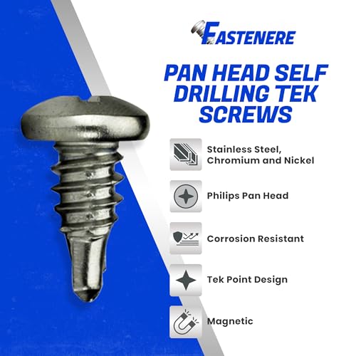 Fastenere Pan Head Self Drilling Tek Screws - #10 x 1/2" (50 Pack) Stainless Steel 410, Full Thread, Bright Plain Finish, Corrosion-Resistant, Self-Drilling, Easy to Install w/Phillips Drive Size #2 - size: #10 x 1/2" (50 Pack)
