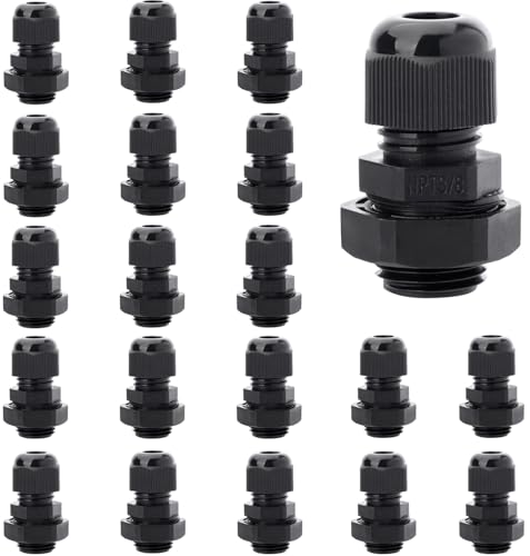 20PCS 3/8'' NPT Cable Gland Waterproof Adjustable 4-8mm/0.16-0.31inch Nylon Cable Glands Joints with Gaskets (3/8", 20PCS) - size: 3/8'' NPT 20pcs