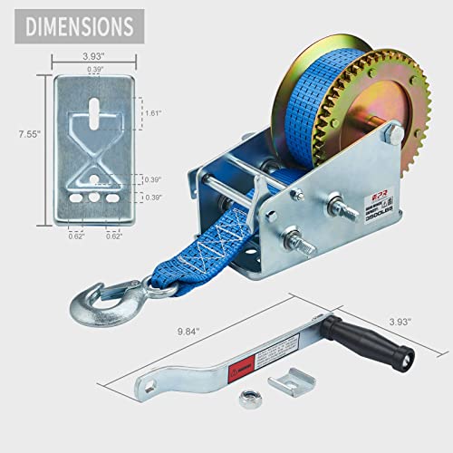 OPENROAD Boat Winch 3500lbs Hand Winch, with 32ft Blue Strap and 2 Speed switchable, for Boat Trailer Towing Winch