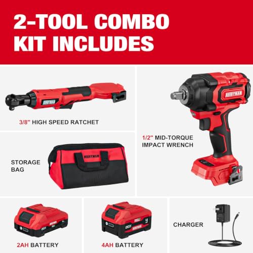 Alloyman 20V 1/2 "Cordless Brushless Impact Wrench& 3/8'' Ratchet Combo Kit