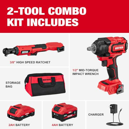 Alloyman 20V 1/2 "Cordless Brushless Impact Wrench& 3/8'' Ratchet Combo Kit