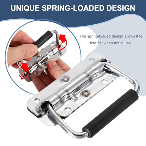 PATIKIL 3.9inch Spring Loaded Handle, 2 Pcs Folding Heavy Duty Toolbox Pull Chest Handles with Rubber Surface Mount Folding Grip for Toolbox Chest Case Crates Storage Boxes, Silver Tone - size: 3.9inch