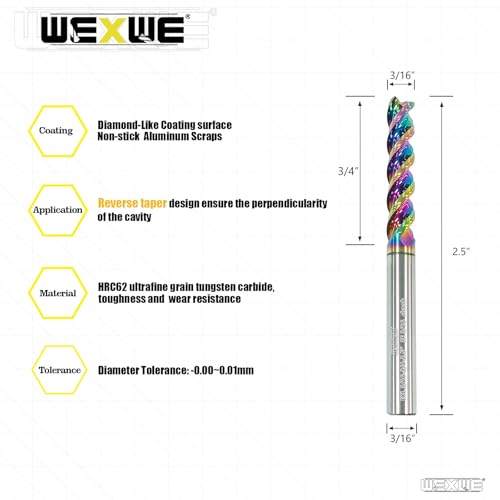 Tools 3/16” Extra Long Carbide Square End Mill for Aluminum, Copper Alloy, Plastic, 2.5" Overall Length End Mill Bits, 3 Flute HRC 62 Deg DLC Coating, CNC Router Bits 3/16 Shank (3/16-2.5" 2PCS) - size: DLC EXL 3/16-2.5" 2PC