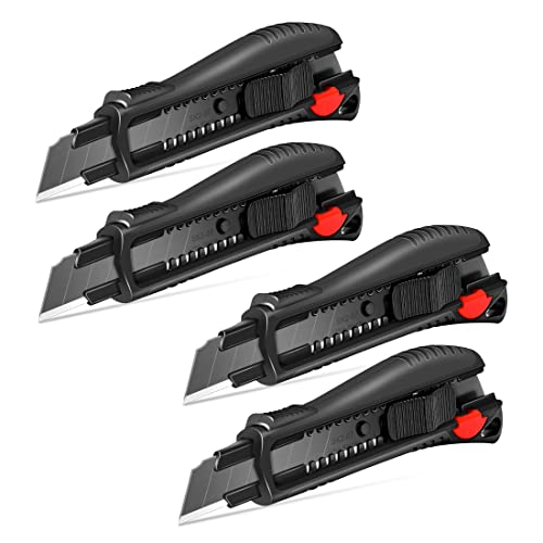 HAUTMEC 18mm Soft Grip Auto-Lock Utility Knife With Red Safety Switch, Sturdy Cutter with Ultra Sharp Black Snap-off Blade HT0081-4PC - style: 18mm Knife-4PCS