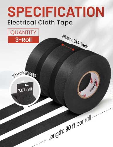 RED WOLF Noise Damping PET Electrical Wire Tape 3/4 Inch x 90 Feet 3 Rolls High Heat Abrasion Resistance Self-Adhesive Fabric Cloth Tape Wrap Wiring for Automotive Engines Cable Protection - size: 3/4 inch - 90 Ft (3-Pack)