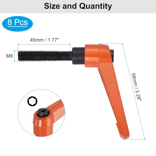 uxcell 8pcs Lever Adjustable Handles M8 x 45mm Metric Male Thread | Level Clamping Handle Hand Stud Knobs Rotating Screw Handles Bolts with Locking Lever, Orange