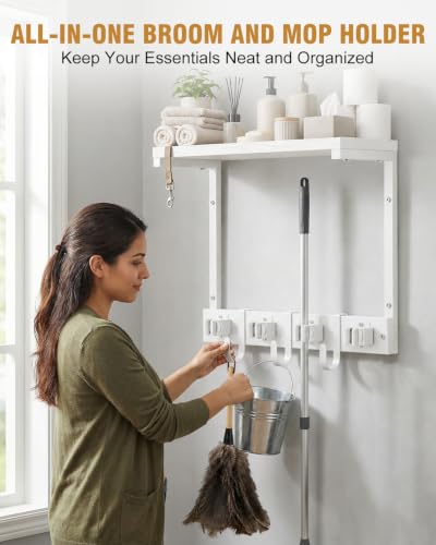 Supforce Small Broom Holder Wall Mount with Shelf, 4 Slots 3 Hooks - color: White, size: Small
