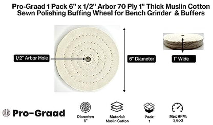 Buffing Wheel 6" x 1" Thick, Fine Muslin, 70 Ply, 1 Pack