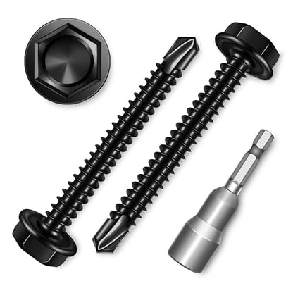 100Pcs #8 x 1-1/2" Sheet Metal Screws, 410 Stainless Steel Self Drilling Hex Head Black Self Tapping Screws for Metal with Drill Bit - color: Black, size: #8 x 1-1/2"