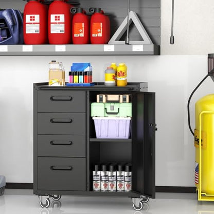 Mobile Tool Storage Cabinet with 4 Drawer and 1 Locking Doors - color: Black, style: 1 door 4 drawer with wheels