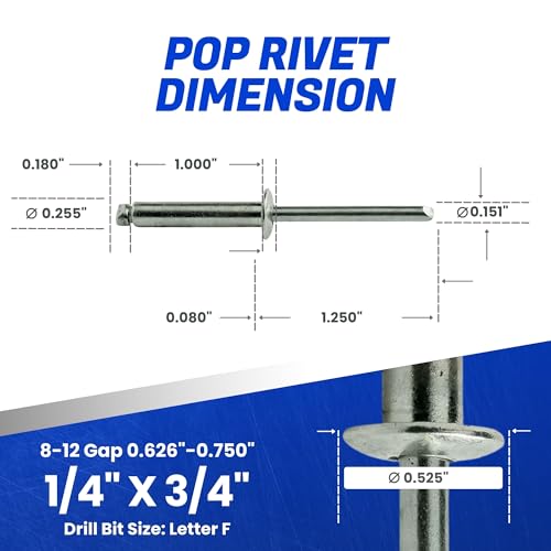 Fastenere Pop Rivets - 1/4" x 3/4" (25pcs) Heavy Duty, Open-End, Stainless Steel, Dome-Head Blind Rivets, Corrosion-Resistant, High Tensile & Shear Strength, 8-12 Gap 0.626"-0.750" - size: 1/4" x 3/4" (8-12) (25 Pack)