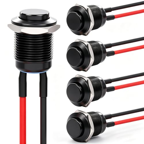 Twidec/5PCS 12mm Momentary Push Button Switch ON Off Mini Round Waterproof Black Shell 12V 24V 36V 110V 250V 2A Raised Head with Pre-soldered Wires M-12-BK-G-X - color: Black-12mm-metal shell, size: Momentary