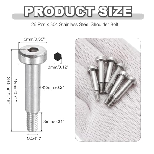 MECCANIXITY 26 Pcs 304 Stainless Steel Shoulder Bolt 5mm Shoulder Dia 18mm Shoulder Length M4x0.7 Thread Hex Socket Shoulder Bolts for Hydraulic Injection Molding Machinery Industries - size: 5mm x 18mm