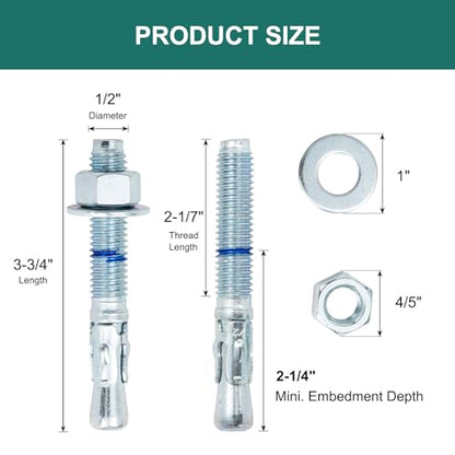 1/2" x 3-3/4" Concrete Anchors (50 Pack) 1/2 inch Wedge Anchors Bolts Zinc Plated - size: 1/2"x3-3/4"