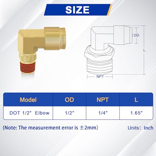 2PCS Brass Air Brake Push Connect Fittings 1/2" OD x 1/4" NPT Elbow - size: 1/2" Tube OD x 1/4" NPT - 2 PCS