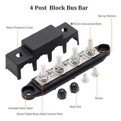 275A Bus Bar 12V 4 Post 3/8" Tinned Copper Heatproof Marine RV Solar - color: Red and Black