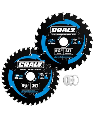 CRALY 5-3/8 Inch 24&36 Teeth Wood Cutting Framing/Fine Finish Circular Saw Blade, 20mm Arbor, Carbide Tipped, Thin Kerf, Black Ice™, for Plywood, MDF, OSB, Laminated, 2-Pack(C0542436-2D) - size: 5-3/8'', 20mm arbor, 24&36T