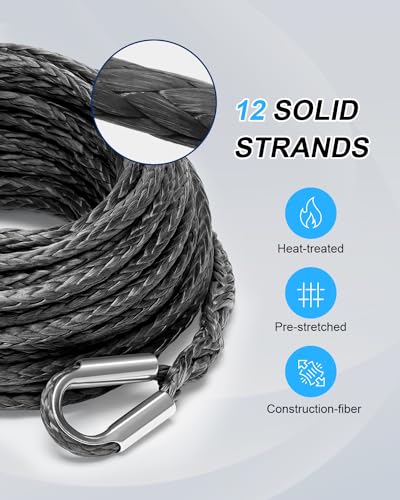 Kolvoii Synthetic Winch Rope Extension, 1/4 in x 50 ft, 10,000 lb, Grey - color: gray, size: 1/4 Inch x 50 Feet