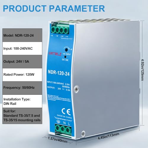 NDR-120-24 24V DC Power Supply NDR 120W 24V 5A DIN Rail Power Supply Switch, AC to DC Switching Converter, 110-240V AC Input to DC 120W 24V 5Amps Output, Industrial DIN Rail Power Supplies