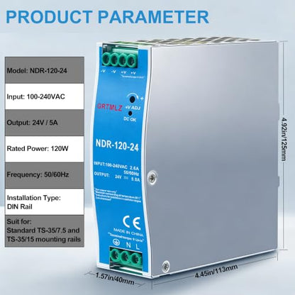 NDR-120-24 24V DC Power Supply NDR 120W 24V 5A DIN Rail Power Supply Switch, AC to DC Switching Converter, 110-240V AC Input to DC 120W 24V 5Amps Output, Industrial DIN Rail Power Supplies