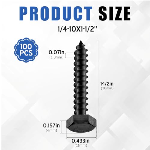 Zonon 304 Stainless Steel Lag Screw for Wood - color: Black, size: 1/4" X 1-1/2"