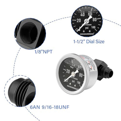 MEASUREMAN 0-100Psi Stainless Steel Glycerin Filled Fuel Pressure Gauge, 1-1/2" Black Dial, with 6AN Fuel Pressure Take Off Fitting Adapter Aluminum, 1/8" NPT Center Back Mount - size: 0-100 psi, style: Back Mount 6AN Adapter (Black Dial)