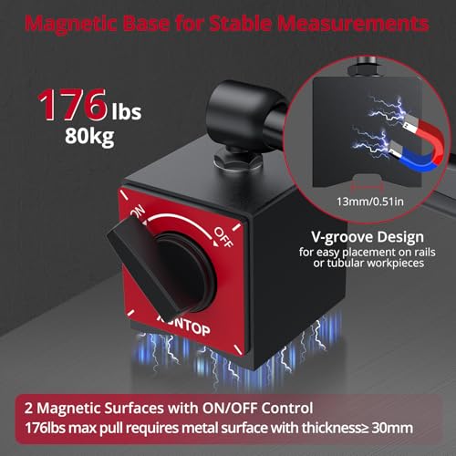 XUNTOP Dial Indicator with 176lbs/80kg Magnetic Base,1inch/0.001inch Imperial Dial Test Gauge Set with Storage Case for Lathe,3D Printer,CNC,Car,Workshop