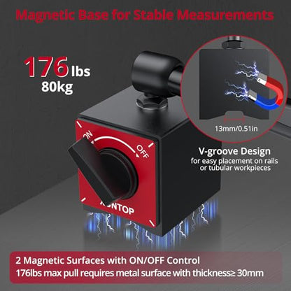 XUNTOP Dial Indicator with 176lbs/80kg Magnetic Base,1inch/0.001inch Imperial Dial Test Gauge Set with Storage Case for Lathe,3D Printer,CNC,Car,Workshop
