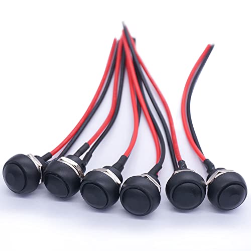 Twidec/6Pcs 12mm Momentary Push Button Switch 1/2" Mounting Hole On Off Mini Round Waterproof Black with Pre-soldered Wires PBS-33B-BK-X - color: Black-12mm, size: Momentary