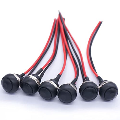 Twidec/6Pcs 12mm Momentary Push Button Switch 1/2" Mounting Hole On Off Mini Round Waterproof Black with Pre-soldered Wires PBS-33B-BK-X - color: Black-12mm, size: Momentary