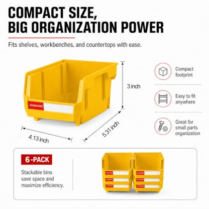 6 Pack Stackable Plastic Parts Bins, 5x4x3 in, Yellow - color: Yellow-6 Pack, size: 5"x4"x3"