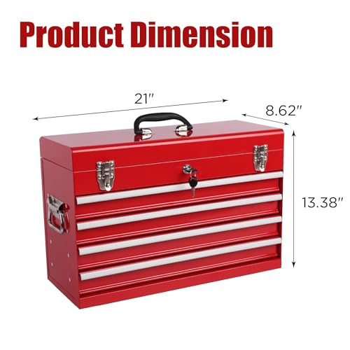 Heavy Duty Metal Tool Box, 21-inch, Portable Metal Tool Box with 4 Drawers, Small Tool Chest with EVA Liners, Ball Bearing Slide Drawers Locking & Powder Coated Finish, Multi-Function Tool Organizer - color: Tool Box-red