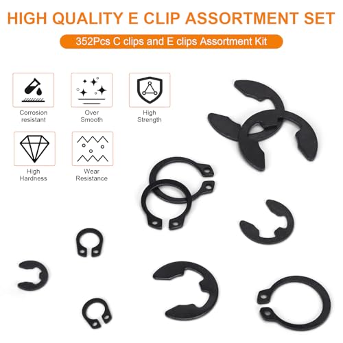 352Pcs Retaining Ring Kit with E-Clips(2.0mm-15mm) & C-Clips(M5-M16) Black - size: Carbon Steel-352PCS