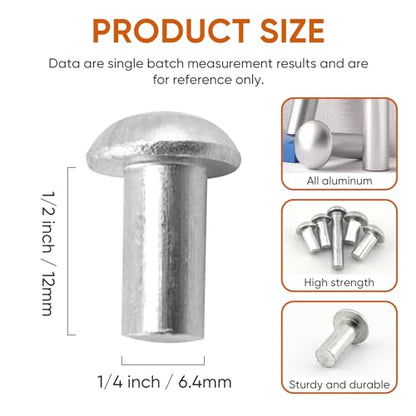 ALLCLEAN 1/4" Diameter X 1/2" Length Solid Aluminum Brazier Head Rivets,Aluminum Boat Rivets,Round/Dome Head Rivet,Pack of 130 - size: 1/4" x 1/2"