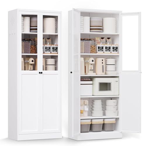 AQY Kitchen Pantry Cabinet,72" White Pantry Storage Cabinet with 5 Tire Adjustable Shelves and Glass Doors,Freestanding Cupboard,Metal Pantry Cabinets with Handle for Living Room,Assembly Required - color: White, style: H72" - 2 Doors Upper Glass Doors Ho