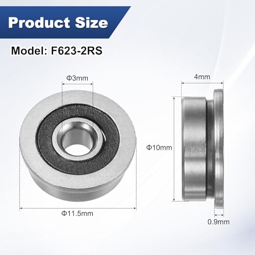 M METERXITY 4-Pack F623-2RS Flanged Ball Bearing, 3 x 10 x 4mm Double Rubber Shielded Chrome Steel (GCr15) Flange Rip Bearings for Wheelbarrow/Printer/Fax Machines/Power Tools - size: 3mm x 10mm x 4mm