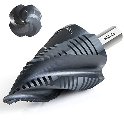 Matework M35 Cobalt Step Drill Bit, Four Spiral Flute Unibit Step Drill Bit (3/16"-1-3/8") Wear-Resistant TiAlN Coated, 3/8" Shank for Metal, Carbon Steel, Stainless Steel, Wood, Plastic (19 Size) - size: 1/4"-1-3/8"