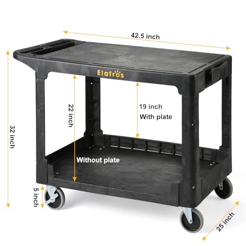 ELAFROS Large Heavy Duty Plastic Flat Top Utility Cart, 42.5 x 25 in, Black