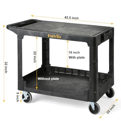 ELAFROS Large Heavy Duty Plastic Flat Top Utility Cart, 42.5 x 25 in, Black