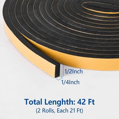 Kikerike Self Adhesive Foam Tape Weatherstrip 1/2In x 1/4In x 42Ft High Density Foam Insulation Strips Seal Weather Stripping with Strong Adhesive for Door and Window Sound Isolation Soundproofing - size: 1/2in x 1/4in x 42Ft