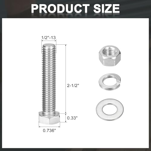 uxcell 20Set Hex Head Screw Bolt, 1/2-13 x 2-1/2" 304 Stainless Steel Fully Threaded Screw Bolt with Nuts, Flat & Lock Washers, Silver - size: 1/2-13 x 2-1/2"