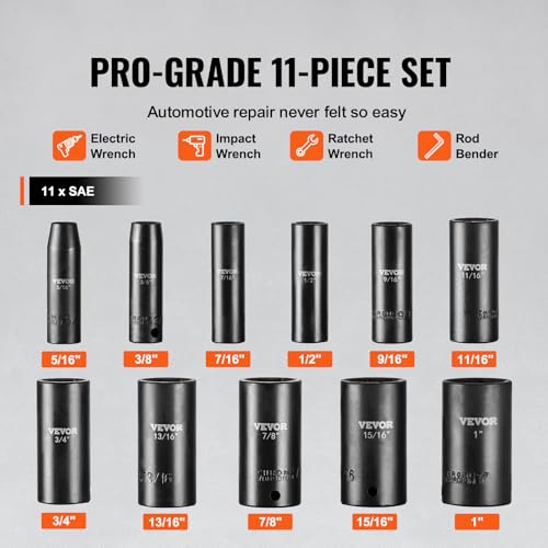 VEVOR 3/8" Drive Impact Socket Set, 11 Piece Deep Socket Set SAE 5/16"-1", 6 Point CR-V Alloy Steel for Auto Repair, Easy-to-Read Size Markings, Rugged Construction, Includes Storage Case - size: 3/8" 11PCS