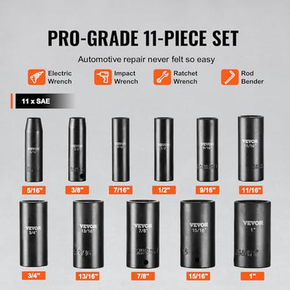 VEVOR 3/8" Drive Impact Socket Set, 11 Piece Deep Socket Set SAE 5/16"-1", 6 Point CR-V Alloy Steel for Auto Repair, Easy-to-Read Size Markings, Rugged Construction, Includes Storage Case - size: 3/8" 11PCS
