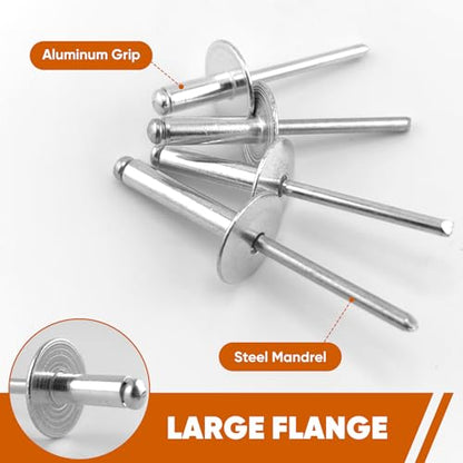 ALLCLEAN (110 pcs) 3/16 * 1/2" Large Flange Open End Aluminum Blind Rivets,4.8 * 12 Pop Blind Rivet - color: Silver, size: 3/16"*1/2"