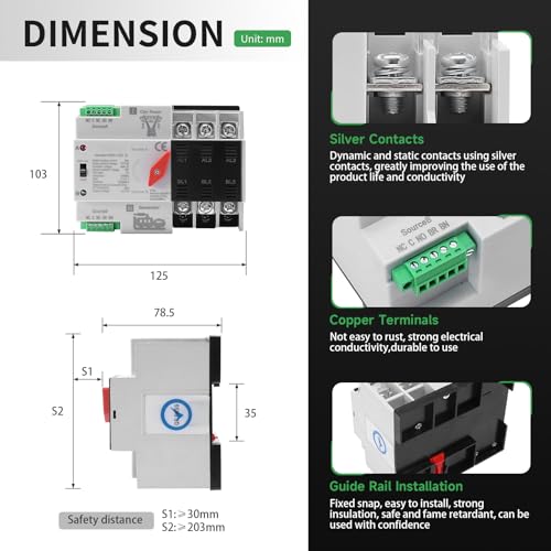 63Amp AC110V Automatic/Manual Transfer Switch 3P 50/60Hz, 3POLE 63A Mini ATS Solar Auto Dual Power Switch for Home, Din Rail Mounted Cn Automatic Changeover Fast Transfe for Rv, Lv Power