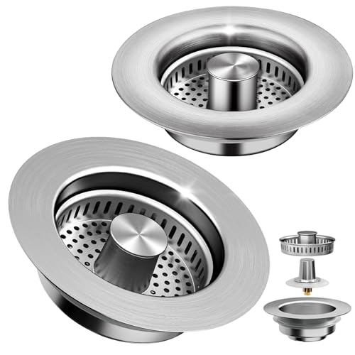 3-in-1 Kitchen Sink Drain Strainer & Sink Stopper 2 Pack - 304 Stainless Steel Sink Drain Strainer, Pop-Up Anti-Clog Design, Fits Standard 3-1/2'' Sink Drains - color: Sus304 Brushed 2pack