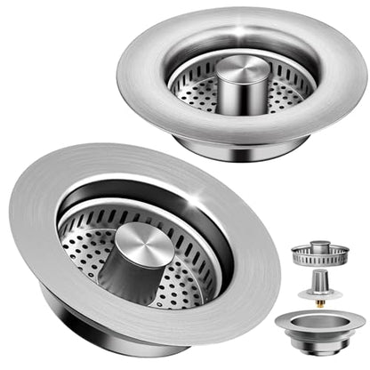 3-in-1 Kitchen Sink Drain Strainer & Sink Stopper 2 Pack - 304 Stainless Steel Sink Drain Strainer, Pop-Up Anti-Clog Design, Fits Standard 3-1/2'' Sink Drains - color: Sus304 Brushed 2pack